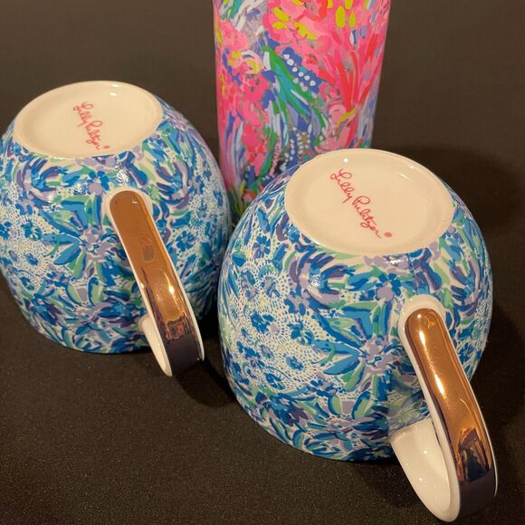 ~ Lilly Pulitzer 2 Blue Floral Hidden Lion Mugs Gold Handles+Pink Floral Tumbler - Picture 2 of 16